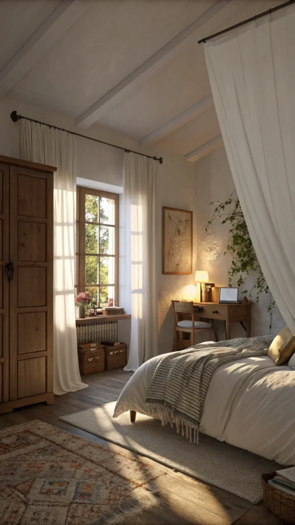 A cozy bedroom with white curtains 
