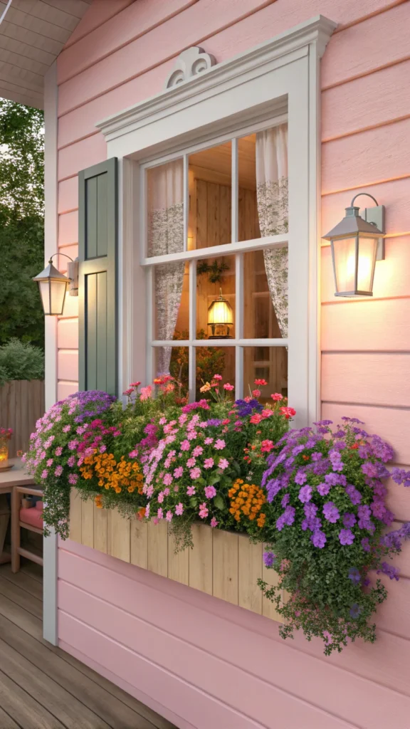 A window box overflowing with colorful flowers, adding charm to a cottage aesthetic.