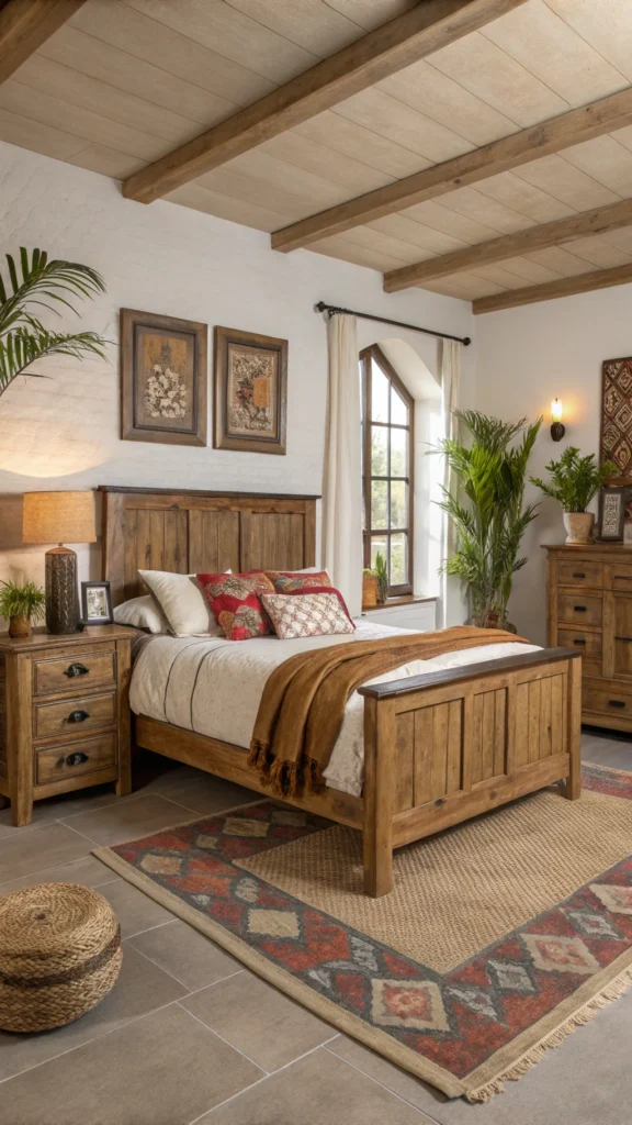 A cozy bedroom featuring rustic wooden furniture, 2 plants, and warm colors.