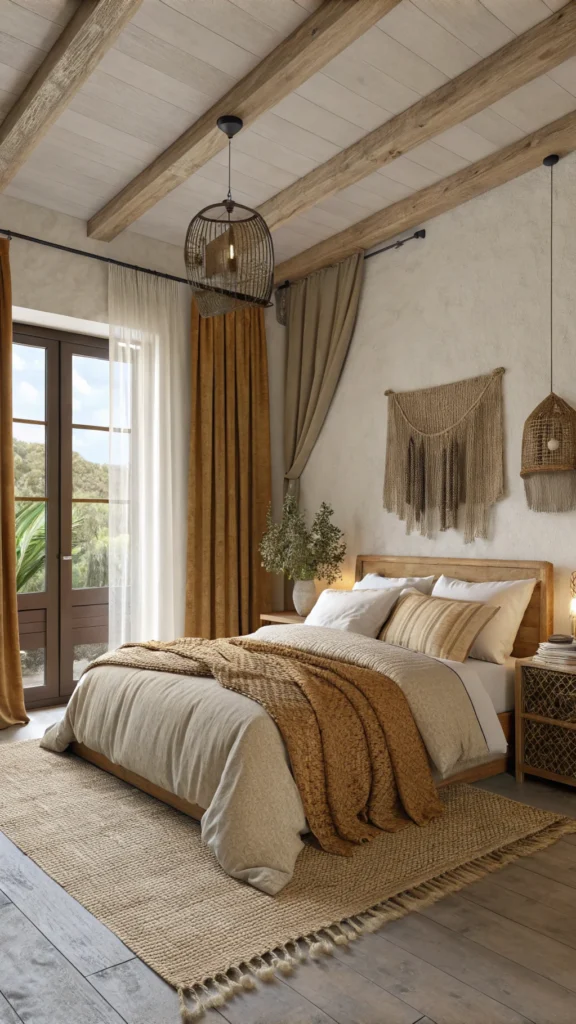 Cozy bedroom with natural textiles, including soft linens, earthy curtains, and a warm blanket.