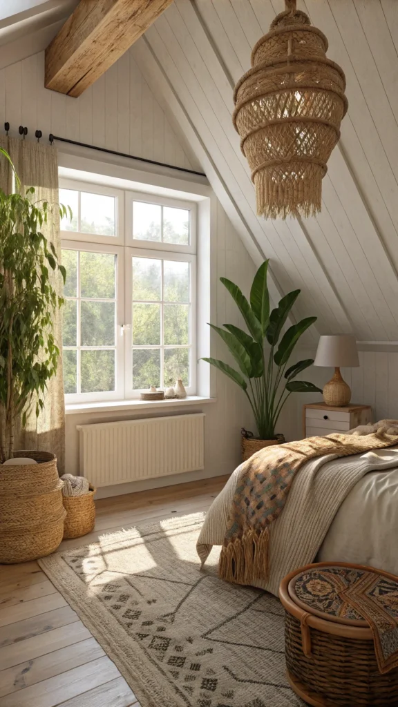 A cozy bedroom with plants, woven decor, and natural light.