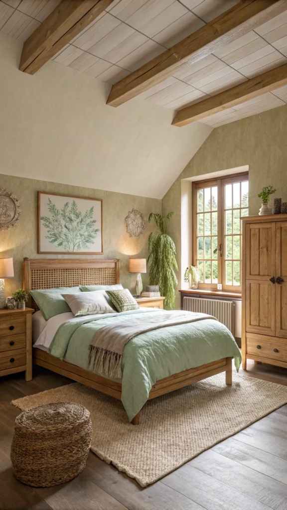 A cozy bedroom with soft earthy colors, featuring a bed with light green bedding, wooden furniture, and natural light.