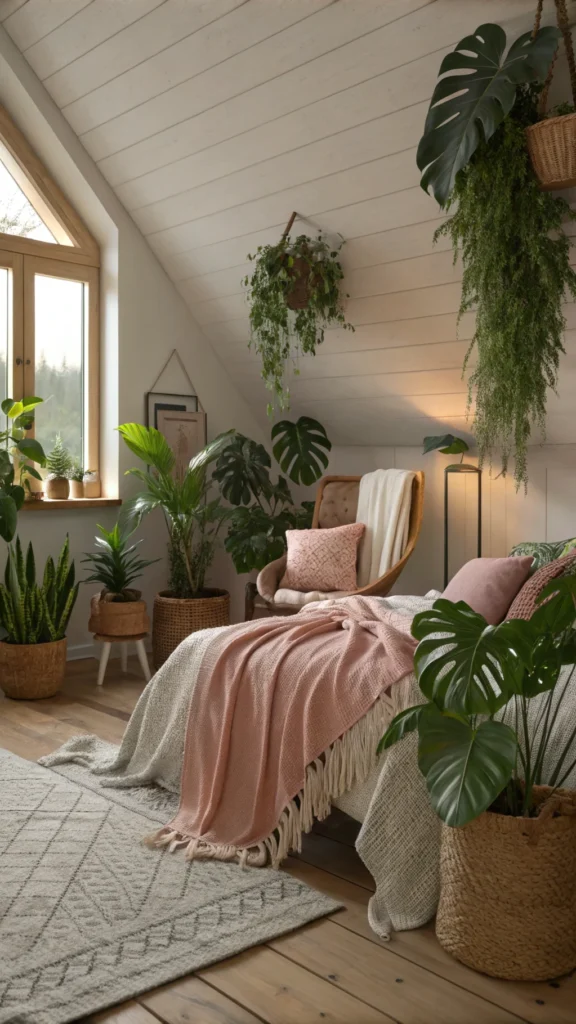 Cozy bedroom filled with various indoor plants and a soft blanket.