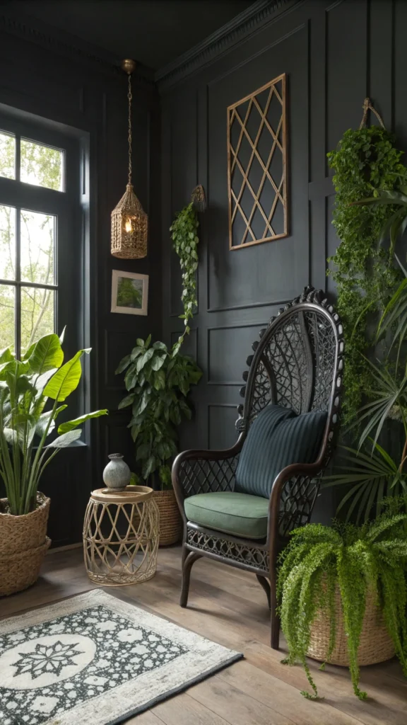 A cozy room featuring dark walls, plants, and a stylish chair, blending gothic and natural decor.