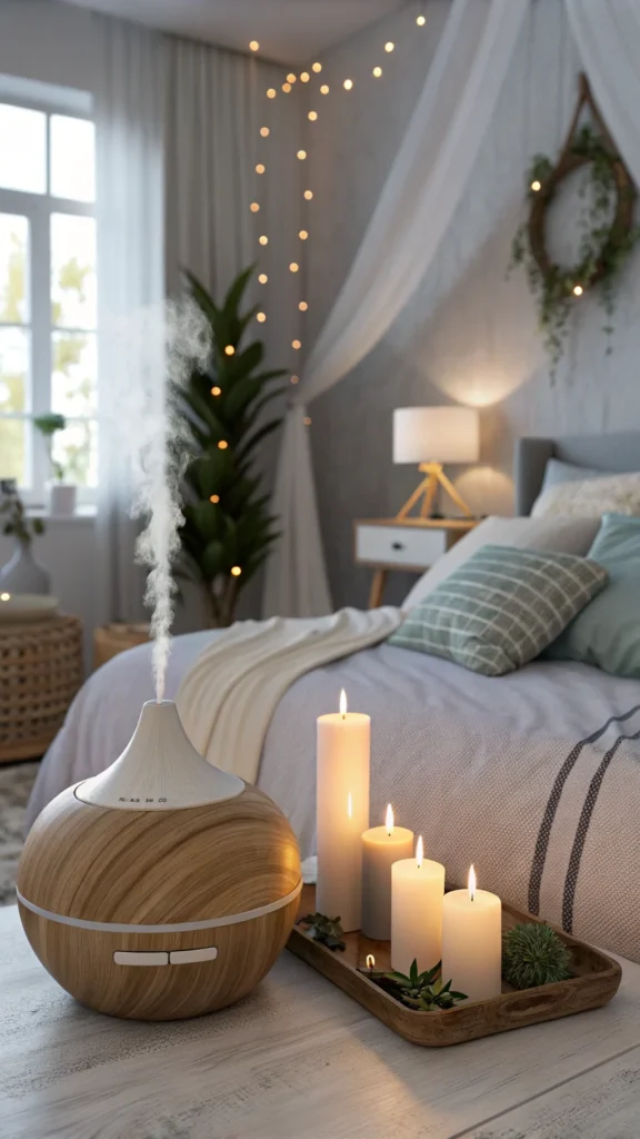 A serene bedroom setting with an essential oil diffuser and candles, showcasing cozy aromatherapy elements.