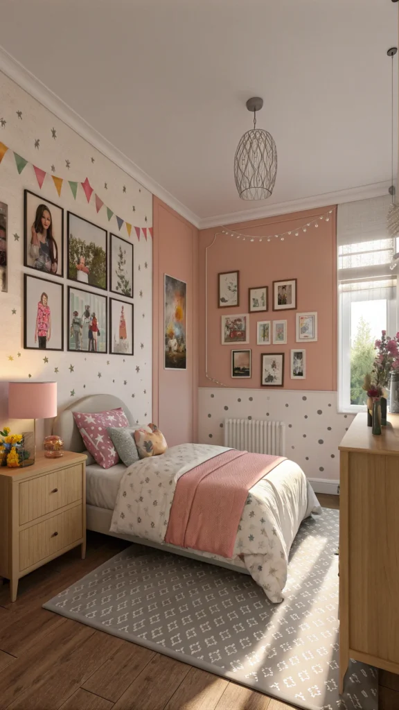 A cozy bedroom with personalized wall art featuring family photos and playful text