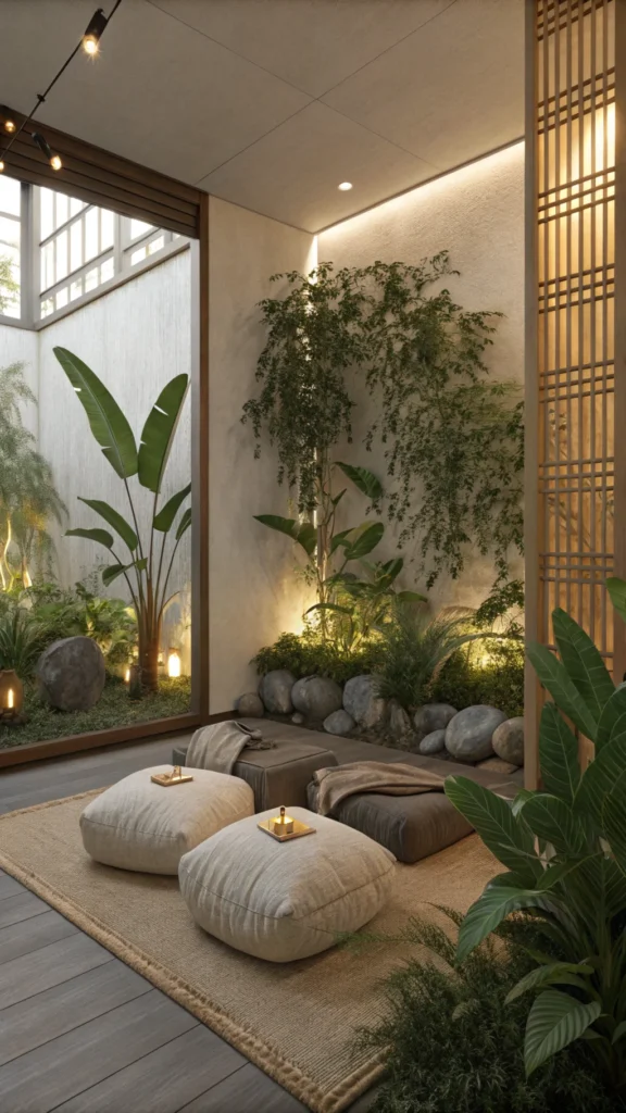 A serene meditation corner with soft cushions, plants, and warm lighting.