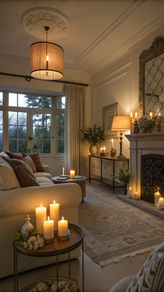 A cozy sitting room with soft lighting, featuring candles and lamps creating a warm ambiance.