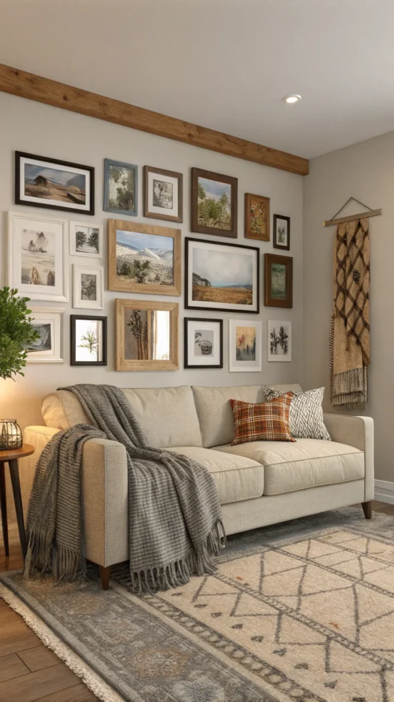 A cozy living room featuring a gallery wall of framed art and personal photographs above a comfortable sofa.