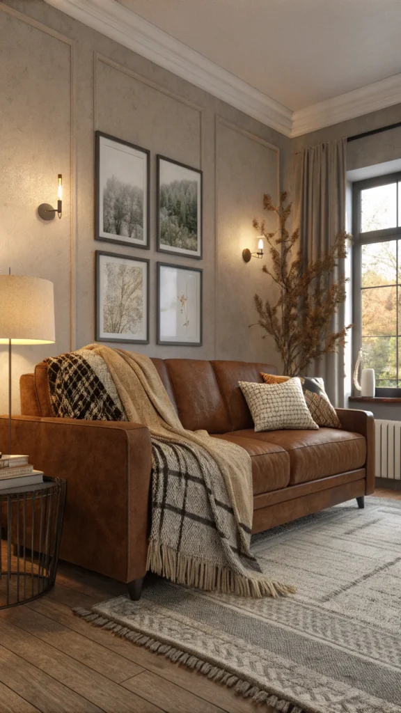 A warm living room featuring a brown couch with various textured throw blankets and pillows.