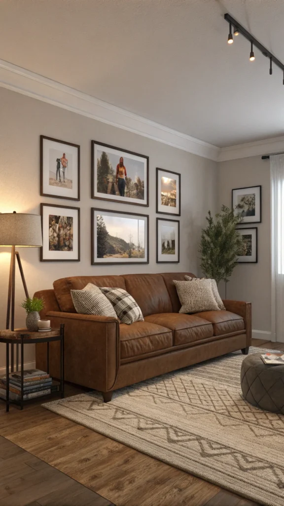 Cozy living room with a brown couch and family photos displayed on the wall.