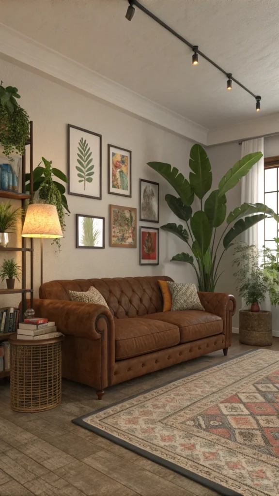 Cozy living room with brown couch, plants, 