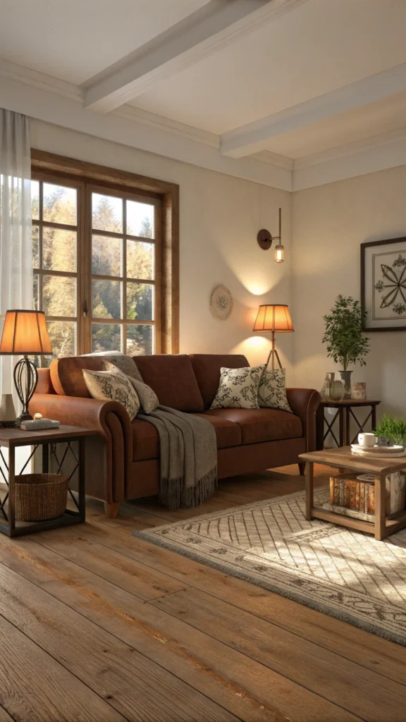 A warm living room featuring a brown couch, side tables, and wooden flooring.