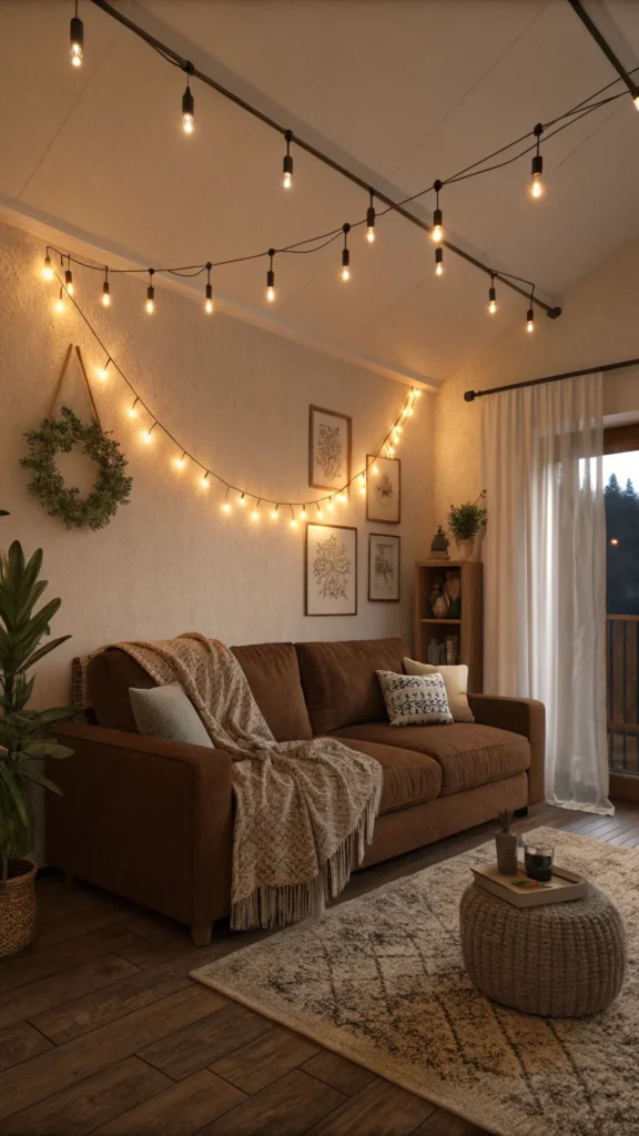 Cozy living room with a brown couch, string lights, and warm lighting