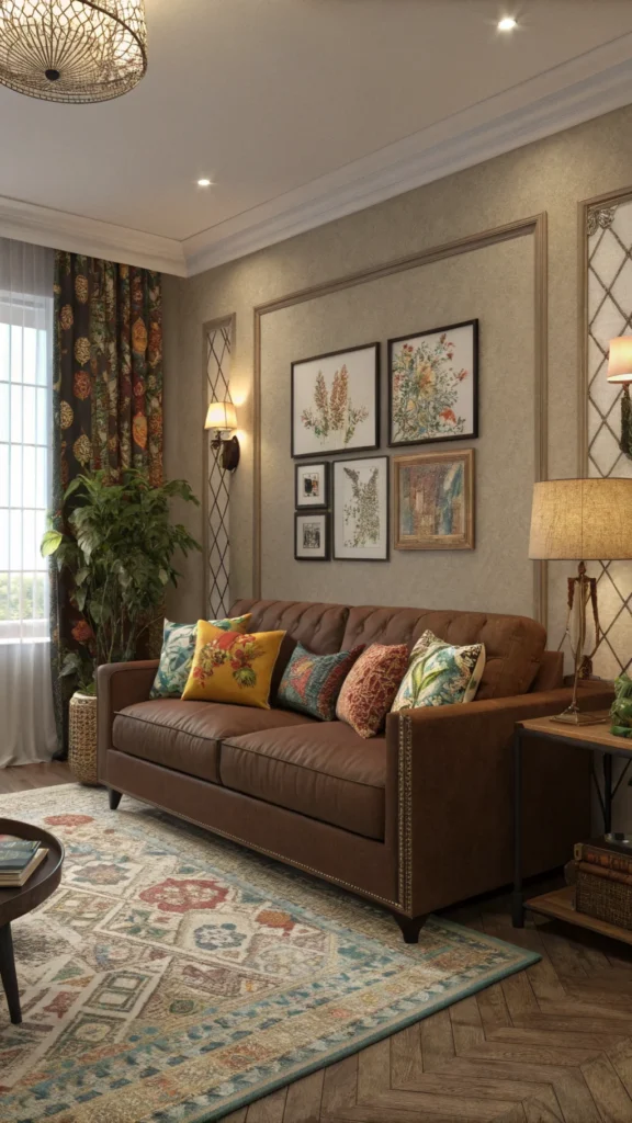 Living room with a brown couch and colorful accent pillows, featuring a cozy atmosphere.