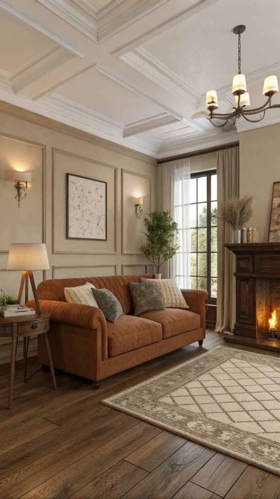 A cozy living room featuring a brown couch, soft cushions, and a warm neutral palette.