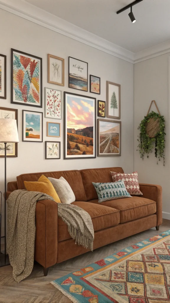 A cozy living room featuring a brown couch and a colorful gallery wall of framed art.