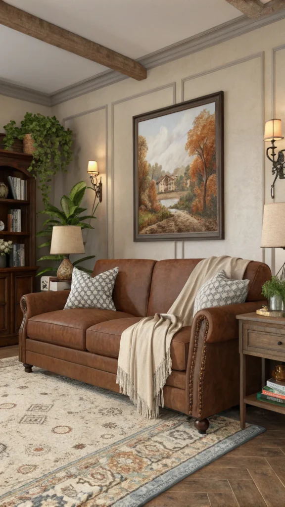 Cozy living room with brown couch, vintage painting, and decor.