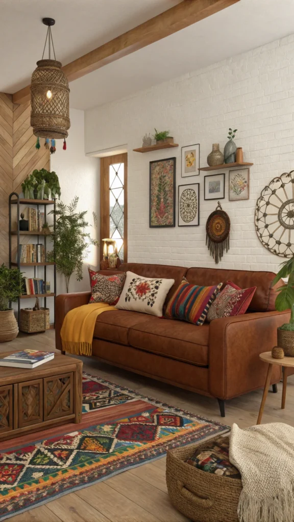 A warm and inviting living room with a brown couch, colorful pillows, and eclectic decor.