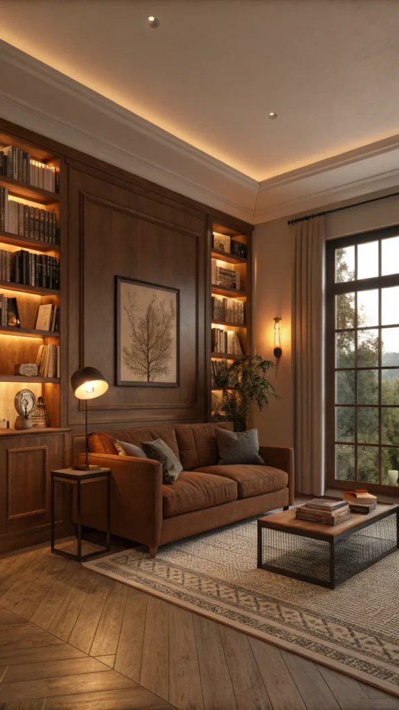 Cozy living room with a brown couch, bookshelves, and warm lighting