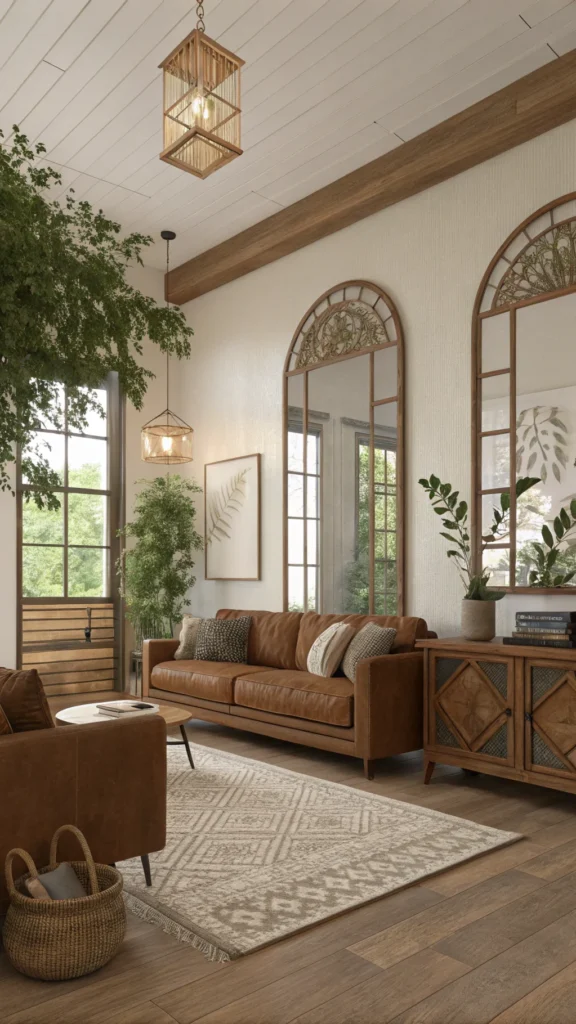 A warm and inviting living room featuring a brown couch, large mirrors, and natural decor elements.