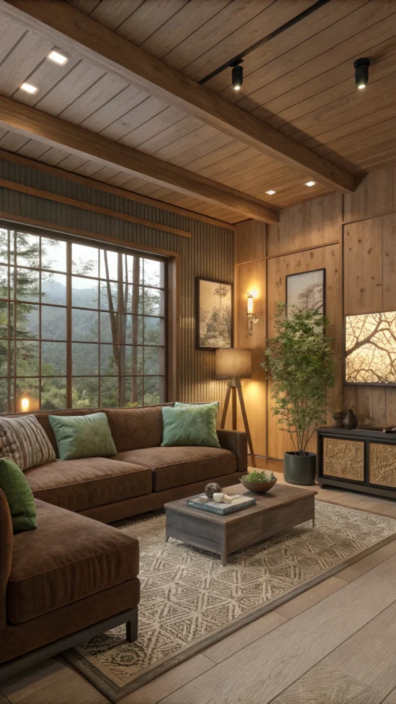 Cozy living room with earthy color palette, featuring a brown couch and soft green cushions.