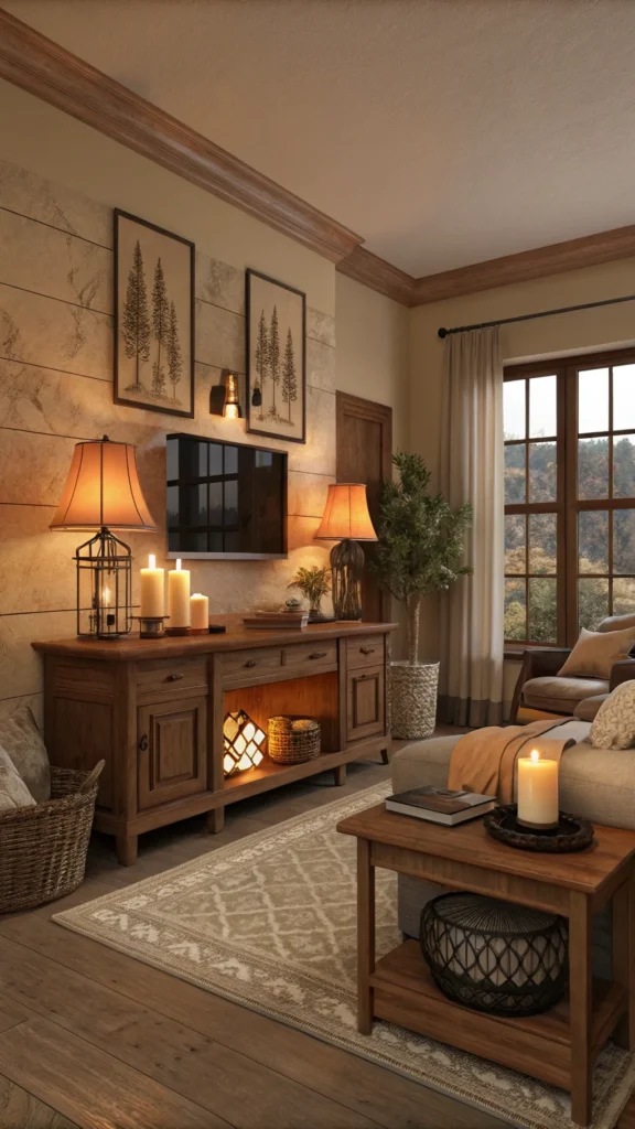 A cozy living room with warm lighting from lamps and candles, showcasing earth tones.