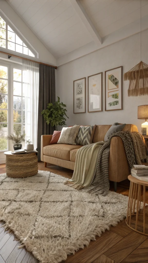 Cozy living room with layered textures including a shaggy rug, various cushions, and a throw blanket.