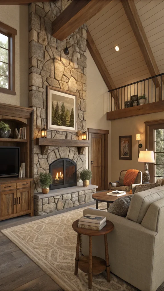 Cozy living room with stone fireplace and earth tone decor.