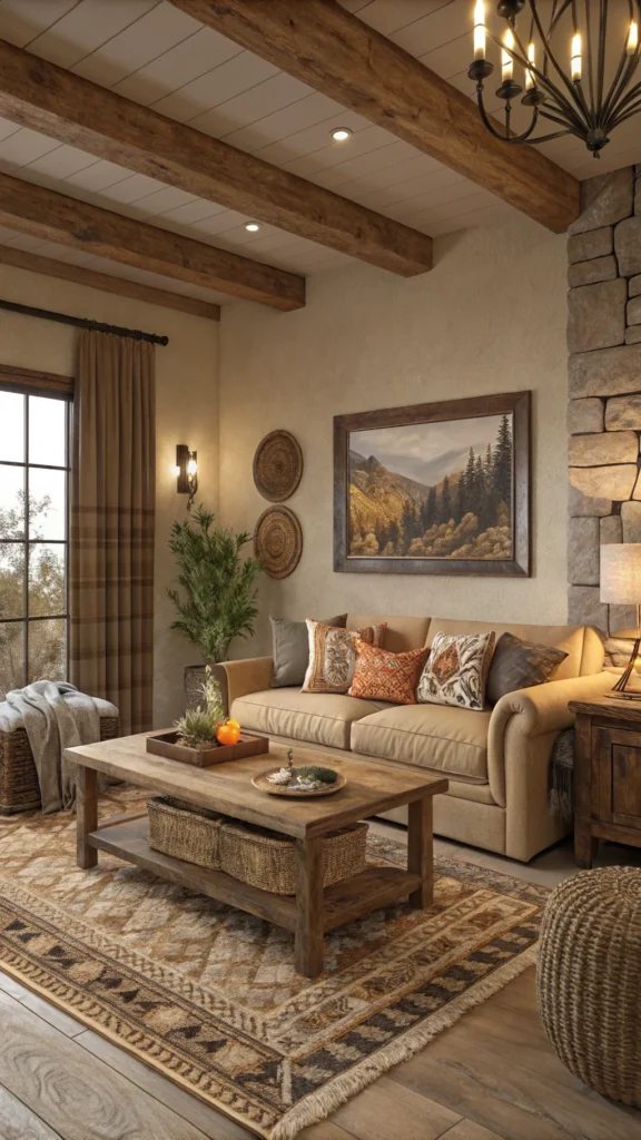 A cozy living room featuring earthy tones with a rustic wooden coffee table, comfortable seating, and warm decor.