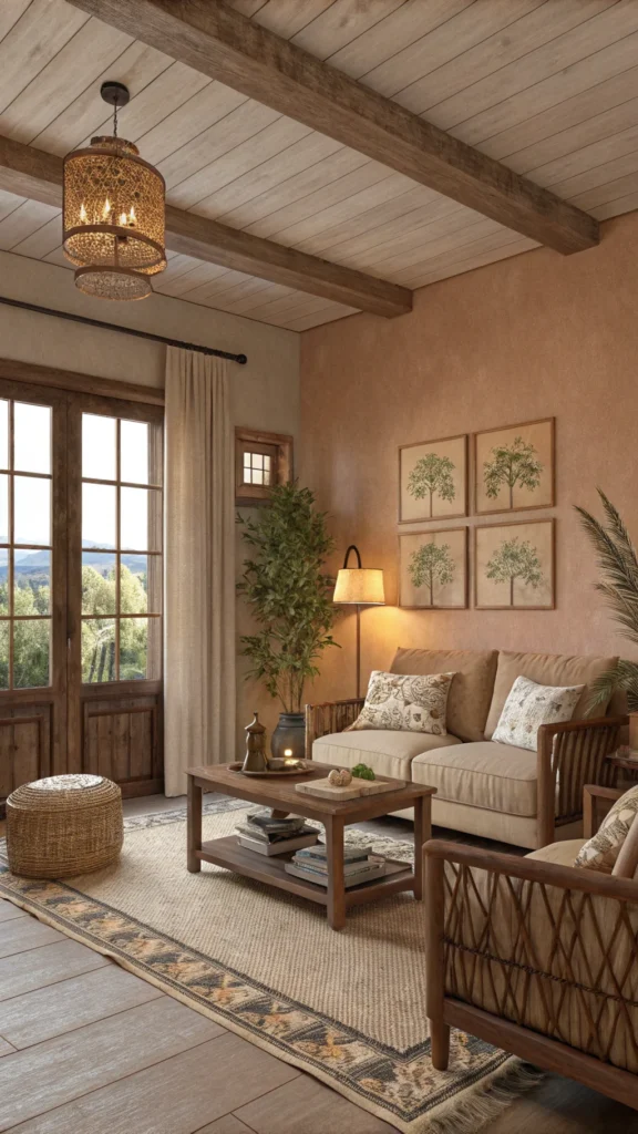 A cozy living room featuring soft clay colors with natural textures.