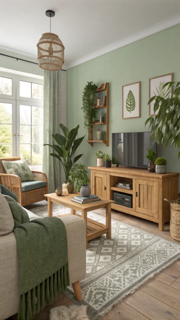 A relaxing living room featuring soft sage green accents, natural wood furniture, and indoor plants.