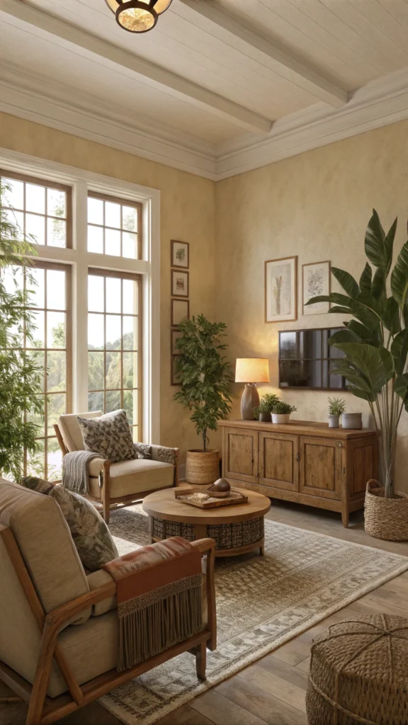 A cozy living room with warm beige walls, comfortable seating, and natural decor elements.