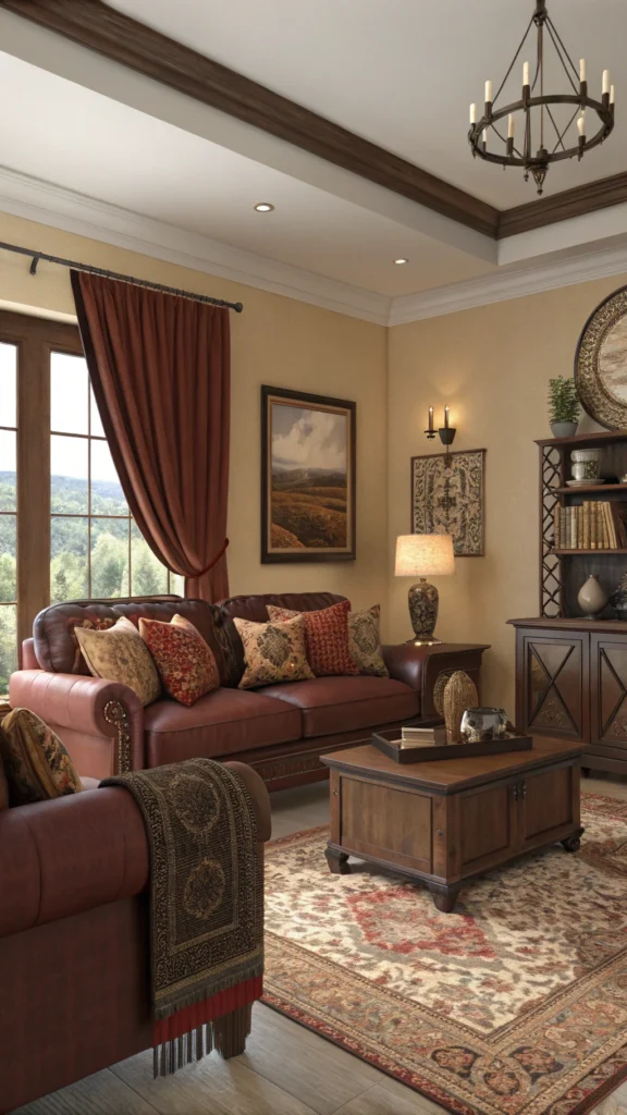 A cozy living room featuring rich umber accents in cushions and decor.