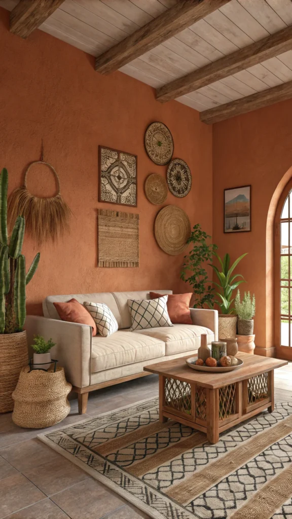 A cozy living room featuring warm terracotta walls and earthy decor.