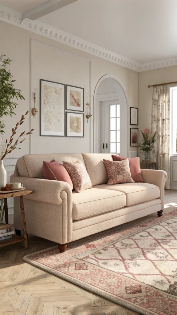 Living room with dusty rose cushions on a light sofa