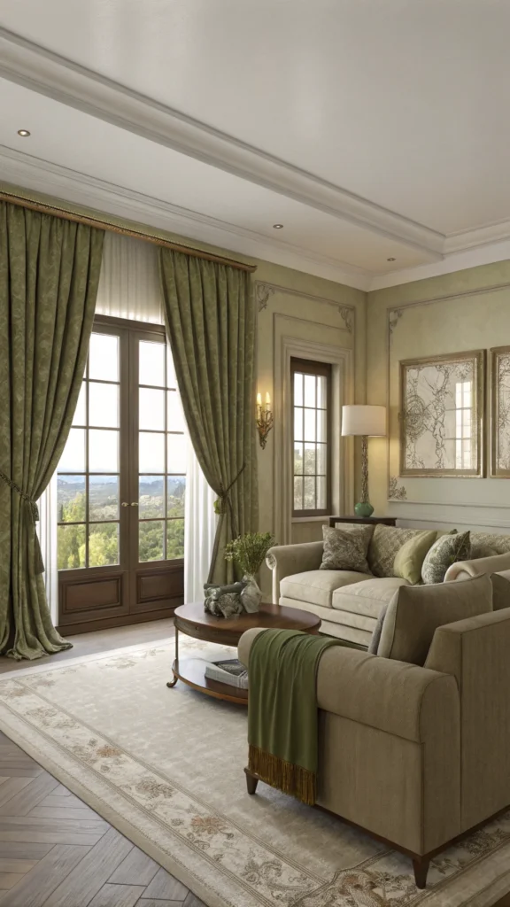 Living room featuring muted olive drapery, beige furniture, and natural light.