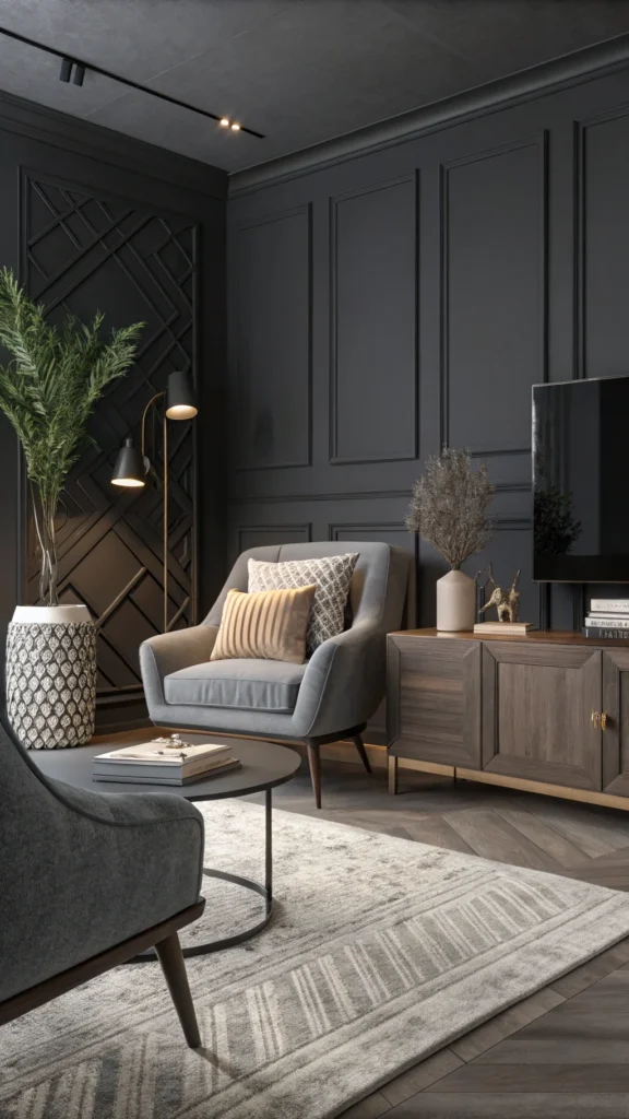 A stylish living room featuring slate gray accents, including pillows and furniture, against a dark wall.