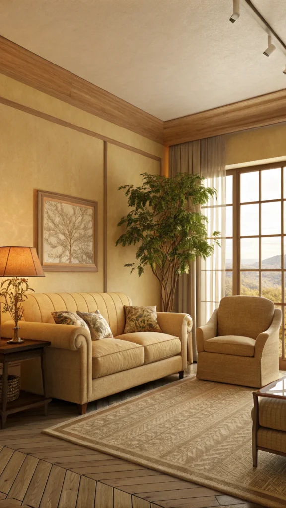 A relaxing living room featuring warm golden beiges with cozy furnishings and plants.