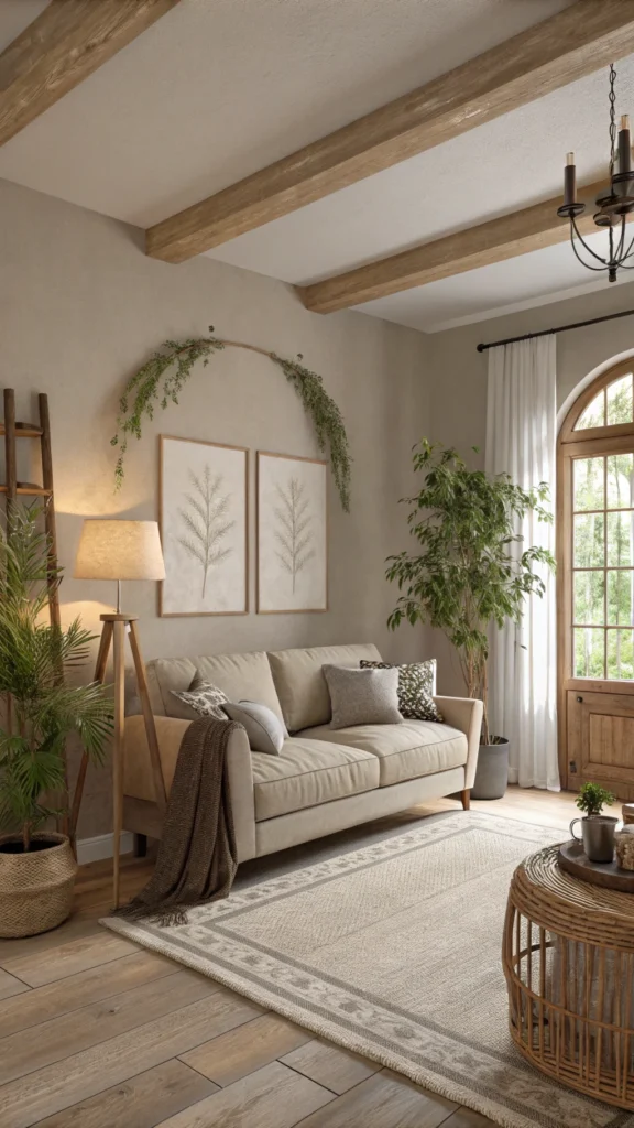 Cozy living room with gentle taupe walls, a comfortable sofa, and natural decor.