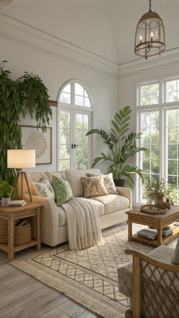 A cozy living room featuring neutral tones, natural textures, and a blend of greenery and decorative pillows.