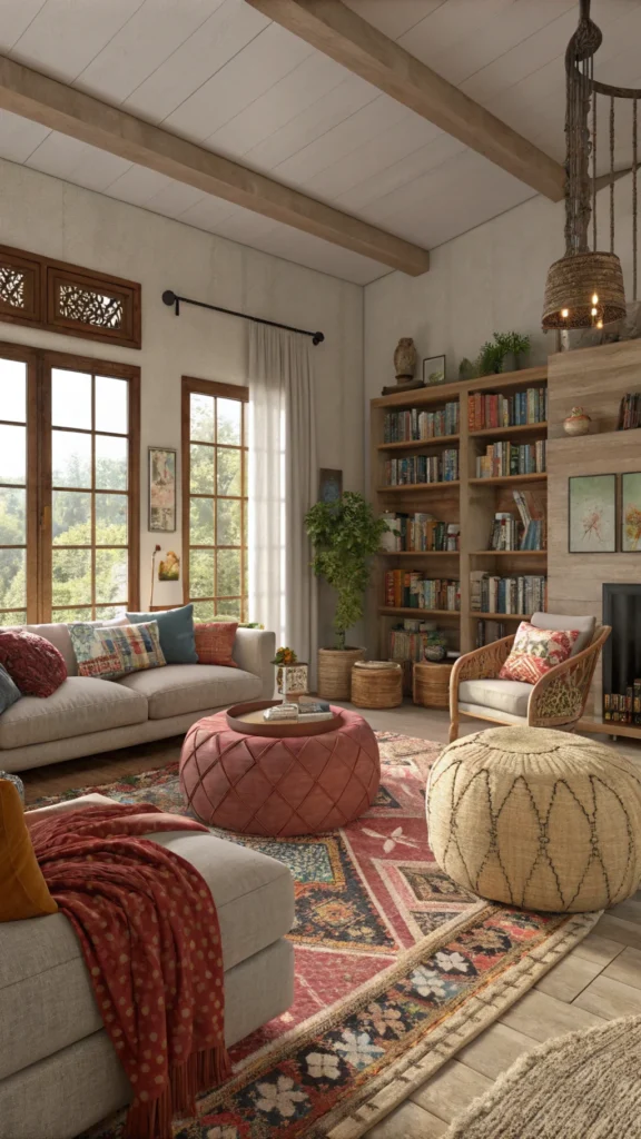 A cozy boho living room featuring various seating options including sofas, poufs, and accent chairs.