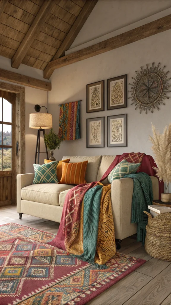 A cozy living room featuring artisan textiles and colorful throws on a sofa.