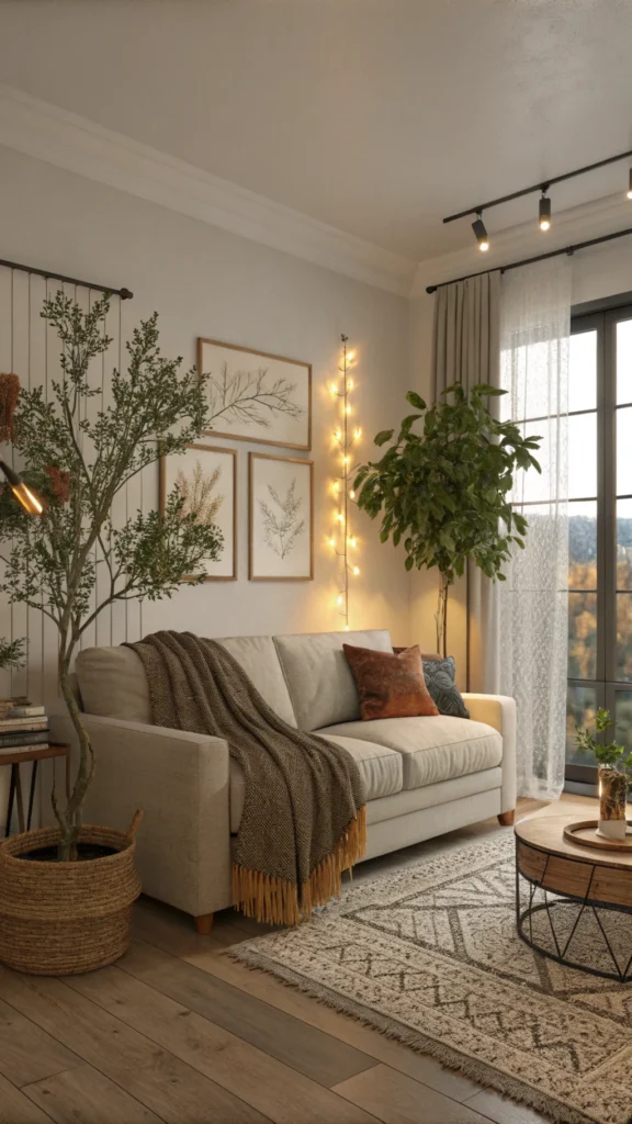 Cozy living room with various indoor plants, a comfortable sofa, and warm decor.