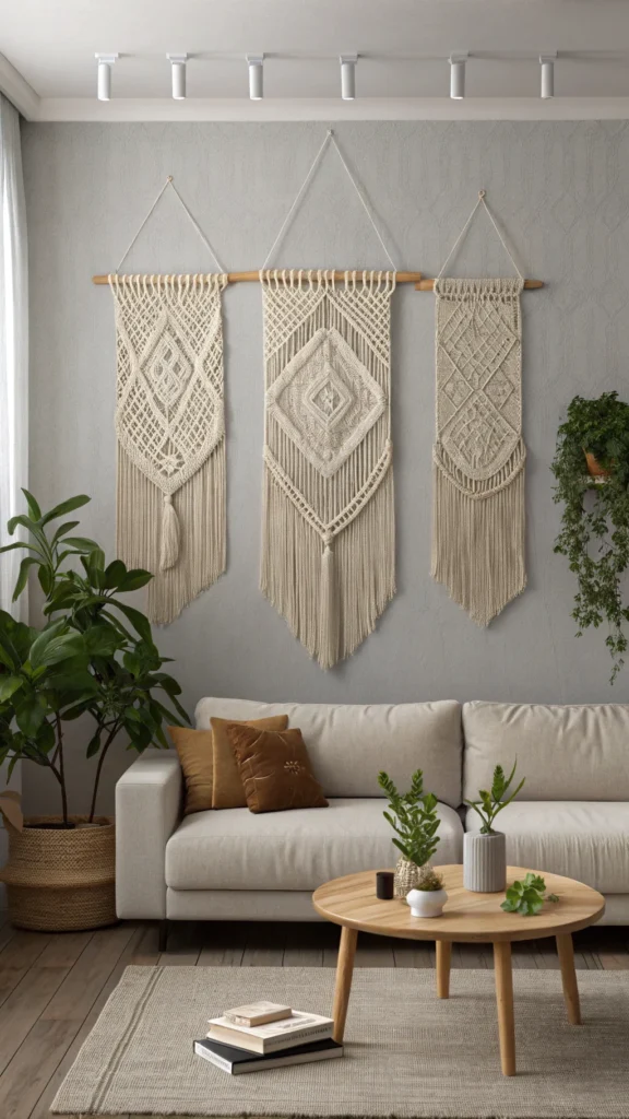 A cozy living room featuring three macramé wall hangings on a light gray wall, with a sofa, coffee table, and indoor plants.