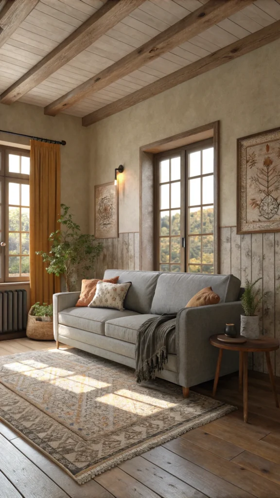 Cozy living room with a gray sofa, earthy color accents, and natural light.