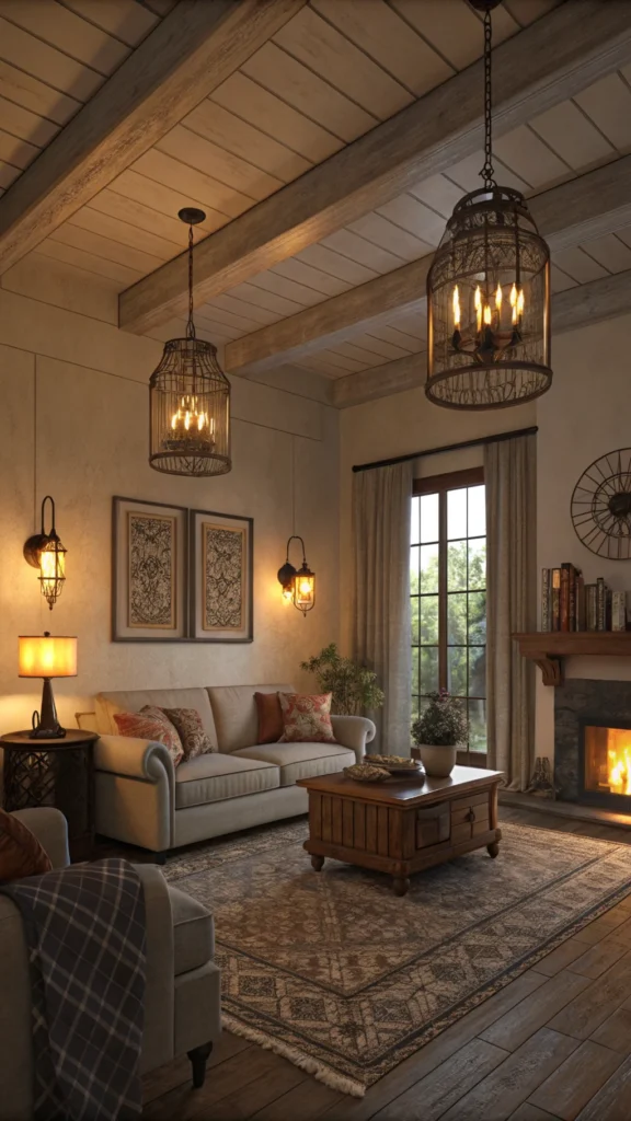 A cozy living room with vintage light fixtures and warm lighting.