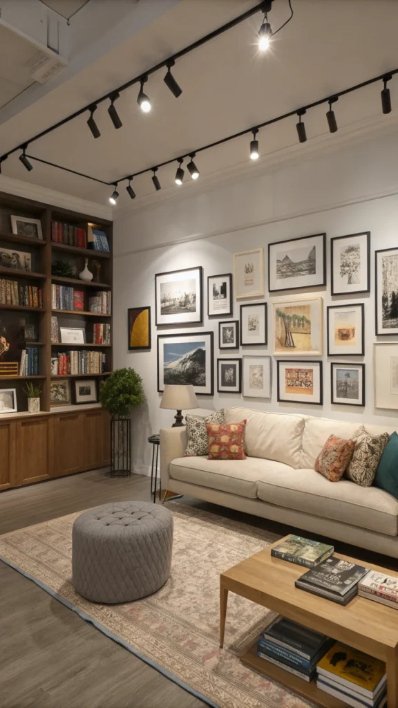 Gallery wall with various framed photographs and art pieces above a cozy sofa