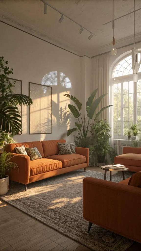 Living room with warm orange sofas and minimalistic decor, featuring plants and soft sunlight.