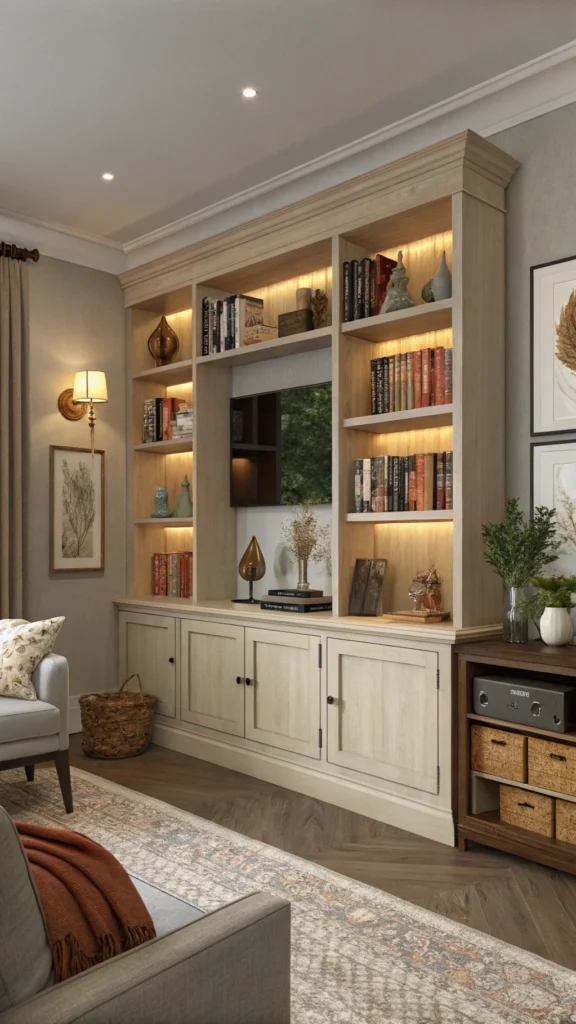 A cozy living room with open shelving displaying books and decorative items.